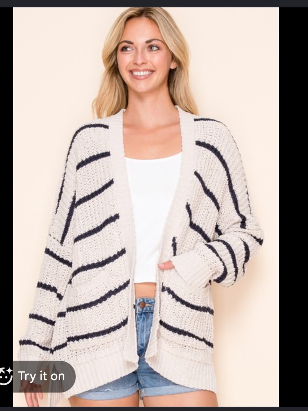 C&C California Cream and Navy Striped Open-Front Cardigan